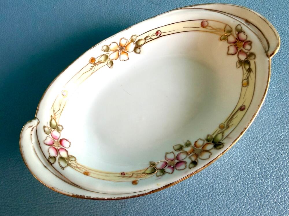 Antique Hand Painted Nippon Oval Dish Pink Dogwood Floral Raised Gilt Trim